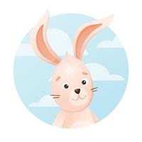 Cartoon hare on a background of blue sky with clouds, vector isolated animal label in the shape of a circle.