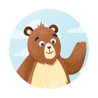 Cartoon brown bear waving his paw, blue sky with clouds, vector isolated animal label in circle shape.