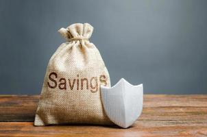 Bag with the words Savings and protection shield. Concept of protection of savings and cash, guaranteed deposits. Compensation for losses in inflation, safeguarded investment capital. photo