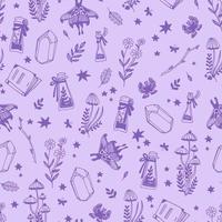 Magic concept vector seamless pattern. Seamless pattern of stars, crystals, toadstools, potion bottles and moths.