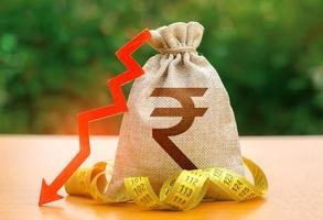 Indian rupee money bag with down arrow and measure tape. Reduced wages, cuts in social benefits. Cutting costs, saving. Capital outflow. Decrease in discount rate by national bank. Falling wages photo