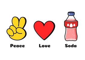 Peace, love, soda concept print for t-shirt.Vector cartoon doodle line graphic illustration logo design. Peace sign, heart, soda print for poster, t-shirt, logo concept