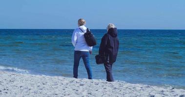 twee meisjes wandelen langs de zwart zee kust in vroeg herfst video