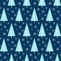 Seamless pattern of winter forest with trees and snowflakes. Isolated blue background. Design for fabric, wrapping paper, wallpaper, scrapbook. Celebration of New Year, Christmas or Winter holidays. vector