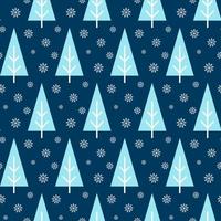 patrón sin fisuras de bosque de invierno con árboles y copos de nieve. fondo azul aislado. diseño para tela, papel para envolver, papel tapiz, álbum de recortes. celebración de año nuevo, navidad o vacaciones de invierno. vector