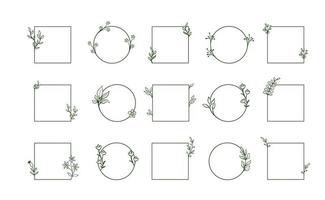 Geometric floral frames, borders, wreaths, hand drawn illustrations. Trendy Line drawing, line art style with branches and nature ornaments. vector