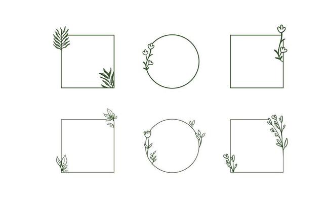 Geometric floral frames, borders, wreaths, hand drawn illustrations. Trendy Line drawing, line art style with branches and nature ornaments.