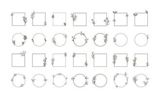 Geometric floral frames, borders, wreaths, hand drawn illustrations. Trendy Line drawing, line art style with branches and nature ornaments. vector