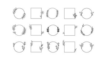 Geometric floral frames, borders, wreaths, hand drawn illustrations. Trendy Line drawing, line art style with branches and nature ornaments. vector