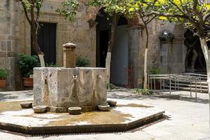 fountain inside old stone house surrounded by greenery, central courtyard, latin america photo