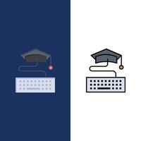 tecla teclado educación graduación iconos plano y línea llena conjunto de iconos vector fondo azul