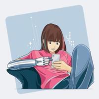 Ultramodern Concept. Confident young girl with a bionic prosthetic arm sits on the sofa with a phone and communicates online with friends vector illustration free download