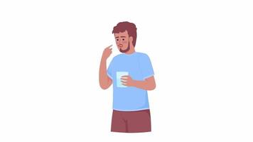 Animated sick character with pill. Taking upset stomach medicine. Flat person HD video footage with alpha channel. Color cartoon style illustration on transparent background for animation