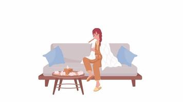 Animated character with flu at home. Self care for seasonal influenza. Flat person HD video footage with alpha channel. Color cartoon style illustration on transparent background for animation