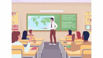 Animated geography illustration. Educational lesson for high school students. Looped flat color 2D cartoon characters animation video in HD with school interior on transparent background