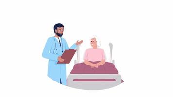 personagens animados de geriatria. médico de cuidados primários com sênior. pessoas planas imagens de vídeo hd com canal alfa. ilustração de estilo de desenho animado colorido em fundo transparente para animação video