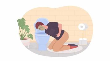 Animated isolated man with nausea. Sick person vomiting in toilet. Looped flat 2D character HD video footage with alpha channel. Colorful animation on transparent background for website, social media