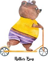 cartel de acuarela con lindo oso de peluche marrón montado en scooter naranja. oso de dibujos animados en el scooter. cartel del chico del rodillo vector