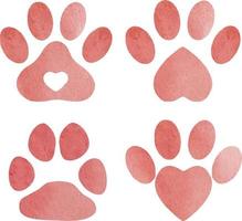 Set of red watercolor animal footprints in heart shape. Watercol vector