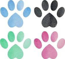 Set of blue, pink, green and black watercolor animal footprints in heart shape. Watercolor pets footprint. Paw footprint illustration vector