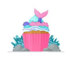 Bright cupcake with a mermaid tail. Vector illustration of homemade holiday baking. Isolated on a white background.