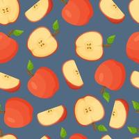 Red apple pattern on blue background. Vector illustration of red apple pattern. Seamless fruit pattern.