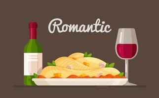 A romantic dinner in a restaurant. Vector illustration of a date invitation. Delicious pasta and wine on the table.