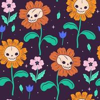 Seamless pattern with flowers and skulls. Vector graphics.