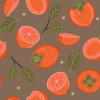 Seamless pattern with persimmon and leaves. Vector graphics.