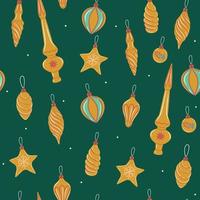 Gold Christmas tree decorations seamless pattern. Vector graphics.