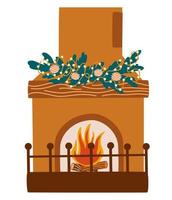 Christmas fireplace. Home fireplaces with socks, stockings, gifts, candles, firs and Xmas decoration. Warm cozy hearths with winter holiday decor. Flat vector illustrations isolated on white