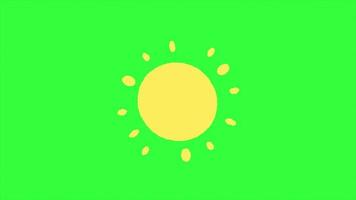 animación de clima soleado, sol amarillo sobre fondo de pantalla verde, video 4k. gráficos de movimiento de condiciones meteorológicas dibujadas a mano