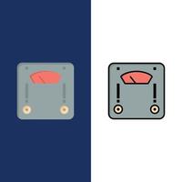 báscula de máquina pesando iconos de peso plano y lleno de línea conjunto de iconos vector fondo azul