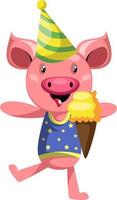 Pig with ice cream,, illustration, vector on white background.