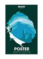 a poster depicting a man standing on a cave looking outside on cold weather looks great for outdoor or adventure related purpose with predominantly blue color vector