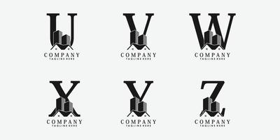 conjunto de vector de diseño de logotipo uvwxyz de fuente de letra con icono de bienes raíces y construcción