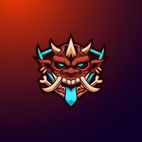 Angry horned goblin esport mascot emblem logo. Scary goblin face vector illustration.