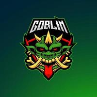 Angry horned goblin esport mascot emblem logo with editable team name. Scary goblin face vector illustration.