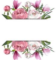 Pink wedding horizontal botanical vector design banner. Magnolias, peony flowers with leaves and stems.