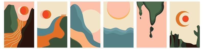 vista a la montaña, río. colinas, nubes, sol, luna. estilo de corte de papel. diseño abstracto plano. conjunto de seis ilustraciones vectoriales de moda dibujadas a mano. fondo fresco vector