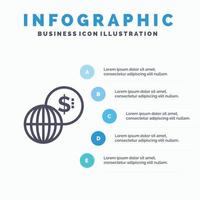 icono de línea moderna de mercados globales de negocios con fondo de infografía de presentación de 5 pasos vector