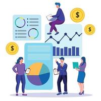 Filling tax documents for calculation. Characters preparing graph charts. Accounting concept on a cartoon vector illustration