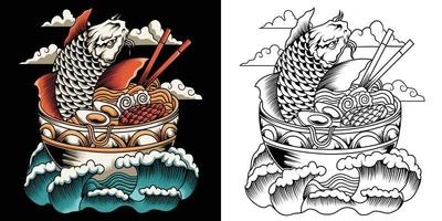 Ilustración de vector de ramen de peces koi