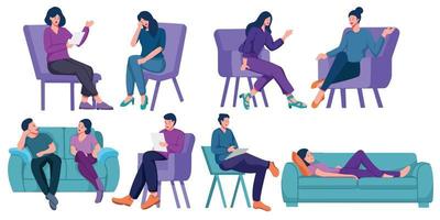 Collection of men and women or married couples sitting on chairs or lying on sofa and talking to psychotherapist or psychologist. Group or family psychotherapy. Flat cartoon vector illustration