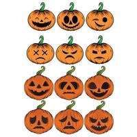 Set of cartoon pumpkins with funny faces for your design for the holiday Halloween. Different shapes and sizes orange gourd. Flat style vector illustration on white background.