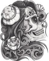 Art fancy woman skull day of the dead. Hand drawing and make graphic vector.
