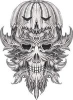 Art fantasy pumpkin mix green man skull. Hand drawing and make graphic vector. vector