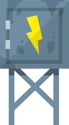 Switchboard. Electrical wires in box. High voltage sensor. Technical industrial appliance. Danger sign - yellow lightning. Current switch. Cartoon flat illustration. Fuse and electrical engineering