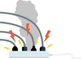 circuito eléctrico. choque, relámpagos rojos y chispas amarillas de la salida. conector y enchufe. sistema sobrecargado. el problema con el aparato. situación de incendio con humo y seguridad. vector