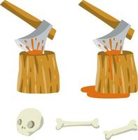 Place of execution. Axe and tree stump with blood. Skull and bones of dead man. Medieval punishment. Element of Halloween. Wooden log and weapon. Flat cartoon vector